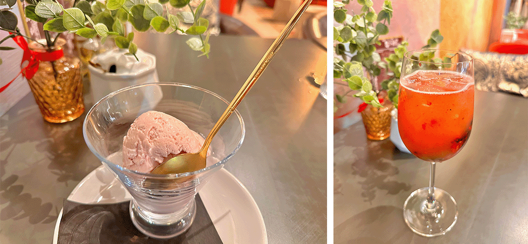 two images with ice cream and a red fruity drink